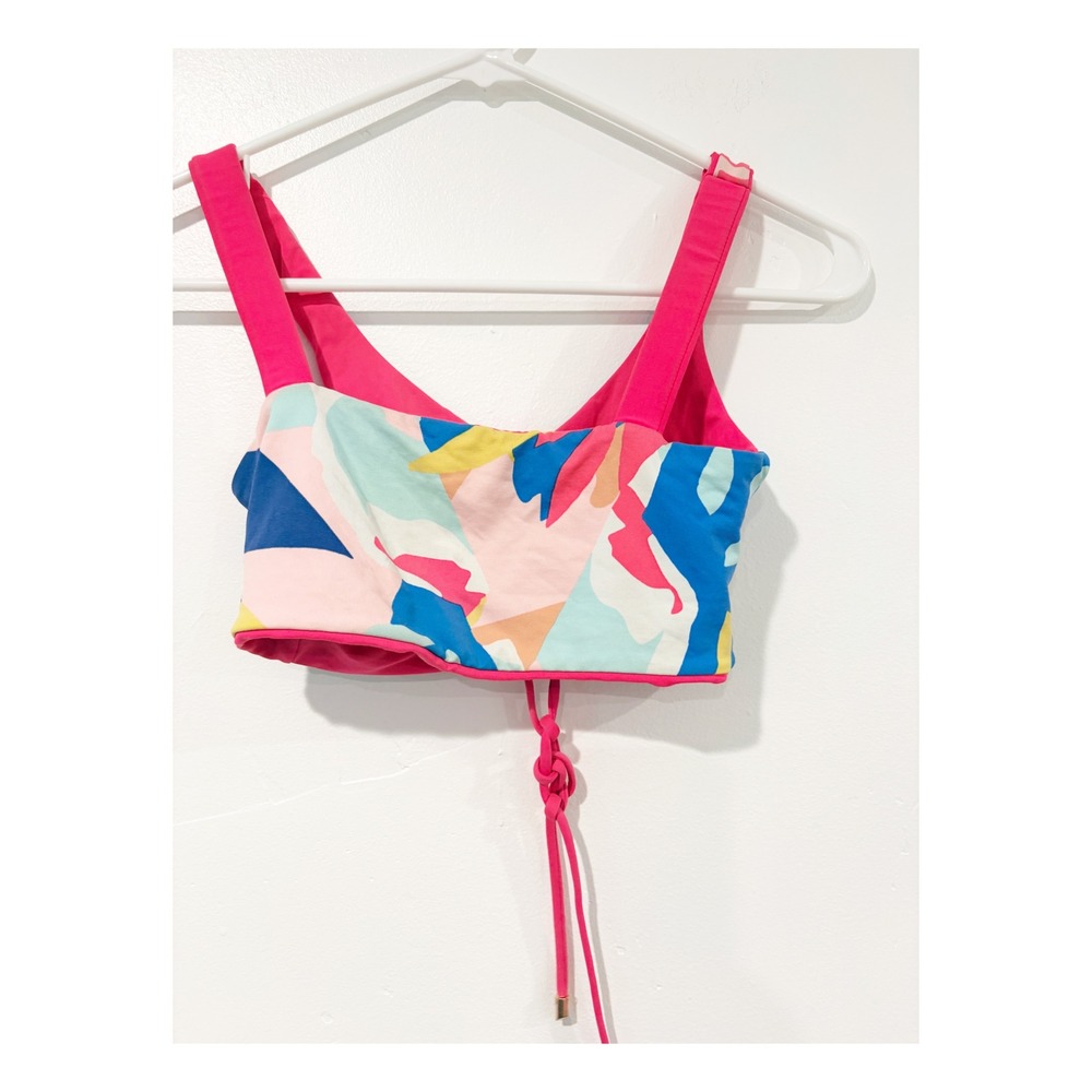 Maaji Abstract Geometric Lace‎ Up Bikini Top Pink Blue Yellow Swimwear